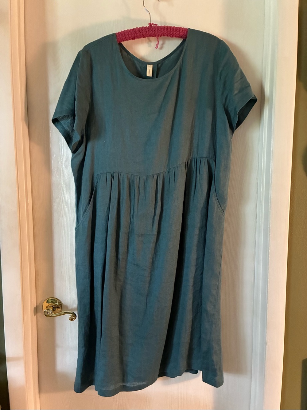 Teal Linen Short-Sleeve Gathered Dress